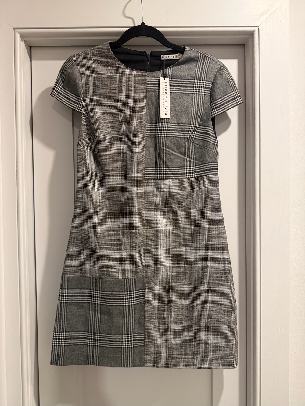 Alice + Olivia Coley Plaid Patchwork Gray Short Sleeve Shift Mini Dress